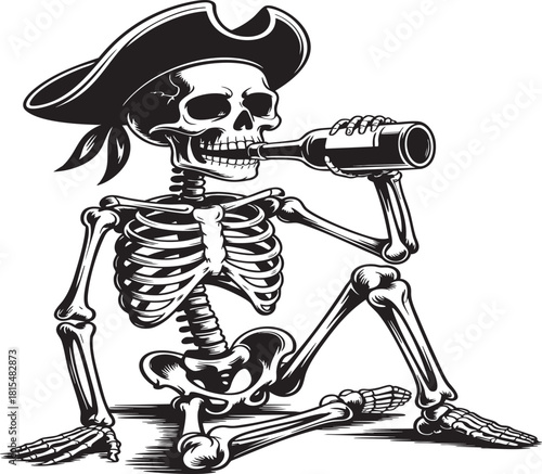 A skeleton dressed as a pirate sits and drinks from a bottle, with another bottle beside it.