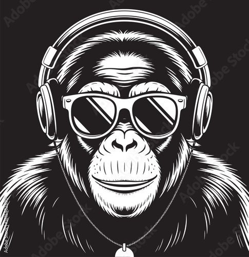 A black and white illustration of a chimpanzee wearing sunglasses and headphones, looking directly at the viewer.