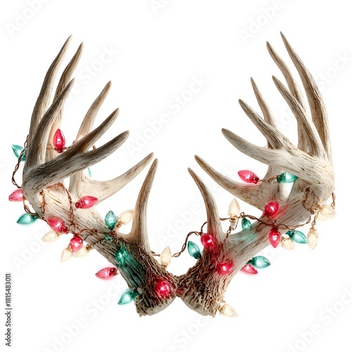 Whitewashed deer antlers are adorned with festive red, green, and clear Christmas lights against a clean bright white background image.