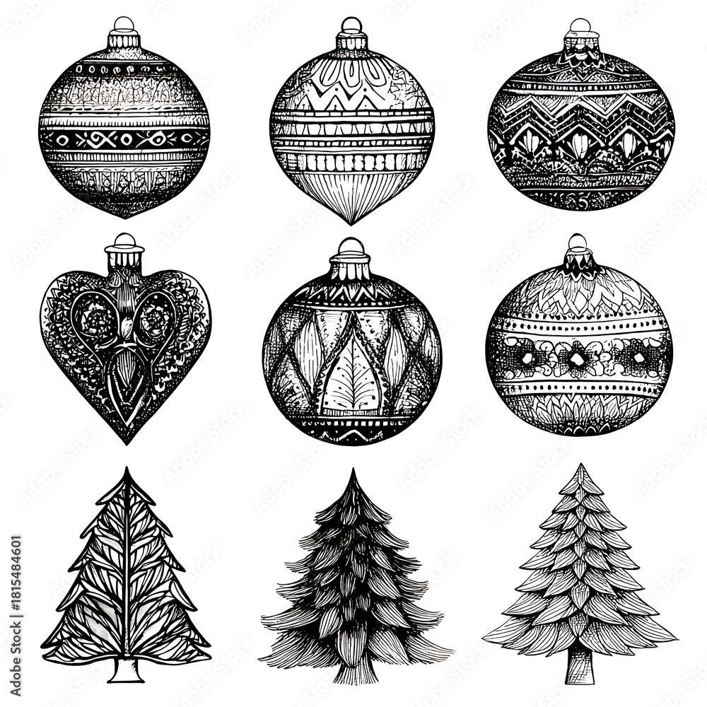 Obraz premium Collection of hand drawn Christmas ornaments and trees with intricate patterns in black and white on an isolated background for festive designs.