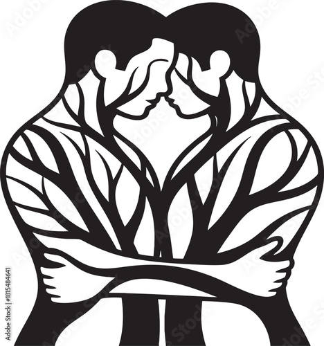 A stylized black and white illustration depicts two human figures embracing, their bodies filled with branching, tree-like patterns resembling veins or roots.