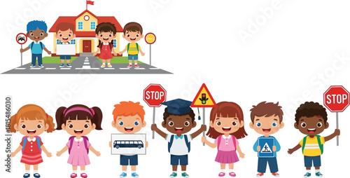 A diverse group of cheerful school children holding traffic signs and street crossing signals, promoting road safety, school bus rules, and safe pedestrian behavior.