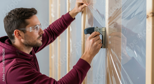 Man securing clear plastic sheeting over wooden wall frame using staple gun during interior renovation project, wearing safety glasses and burgundy hoodie in unfinished construction space