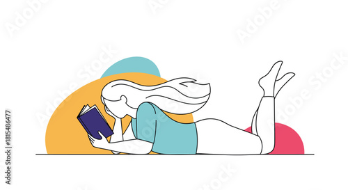 Stylized illustration of a person lying down and reading a book with colorful abstract shapes in the background.