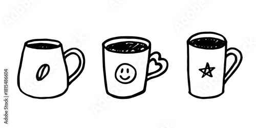 Set of cute hand drawn cup of tea or coffee Simple mug clipart Cozy home doodle Single element for design
