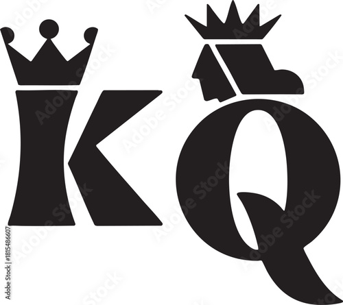 A minimalist graphic design featuring the letters K and Q, stylized as playing card royalty, against a light background.