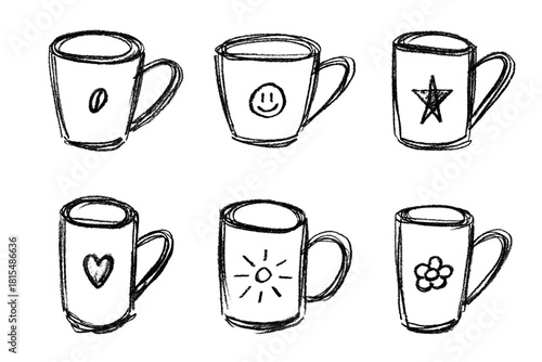 Set of cute hand drawn cup of tea or coffee Simple mug clipart Cozy home doodle Single element for design