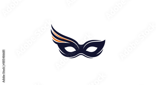 Stylized dark blue masquerade mask with orange and white accents on a white background.