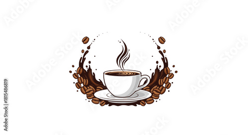A steaming cup of coffee surrounded by splashing liquid and coffee beans, in a circular design.