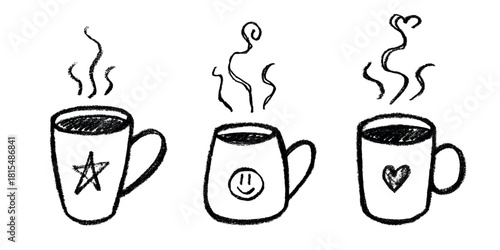 Set of cup of tea or coffee with rising steam Simple mug clipart Cozy home doodle Single element for print, web, design, decor