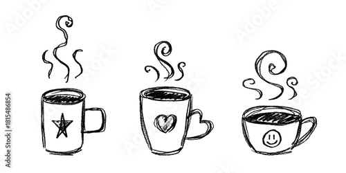 Set of cup of tea or coffee with rising steam Simple mug clipart Cozy home doodle Single element for print, web, design, decor