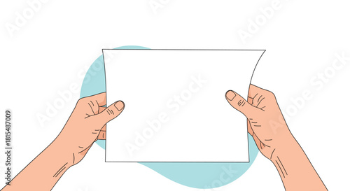 Two hands holding a blank white sheet of paper in front of a light blue background.