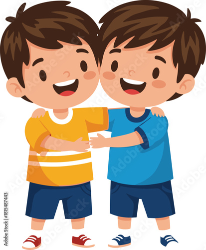 Two cheerful young boys with dark hair are standing together and hugging affectionately, symbolizing close friendship, brotherhood, and joyful childhood companionship.