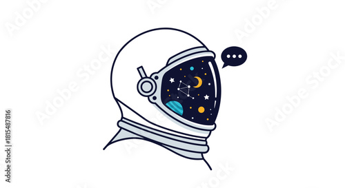 Astronaut helmet reflecting the galaxy and stars, with a speech bubble indicating thought.