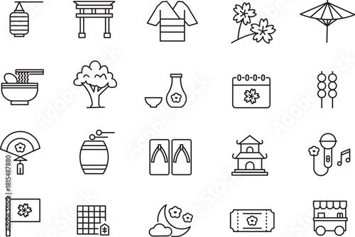Sakura Festival Line Art Celebrating Tradition with Kimonos Lanterns Pagodas and Delicate Cherry Blossoms on a Cultural