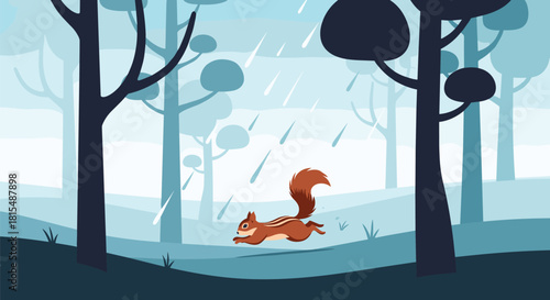 A squirrel runs through a forest during a rain shower in a minimalist flat design style.