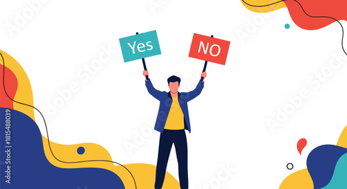 Man holding up signs for yes and no, symbolizing a choice or decision.