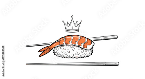 A royal sushi piece with a shrimp topping and a crown sits on chopsticks.