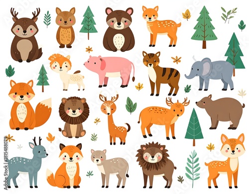 Assortment of cute woodland and farm animals, trees, and foliage