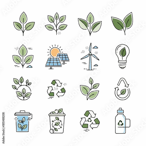Set of hand drawn ecology and sustainability icons.