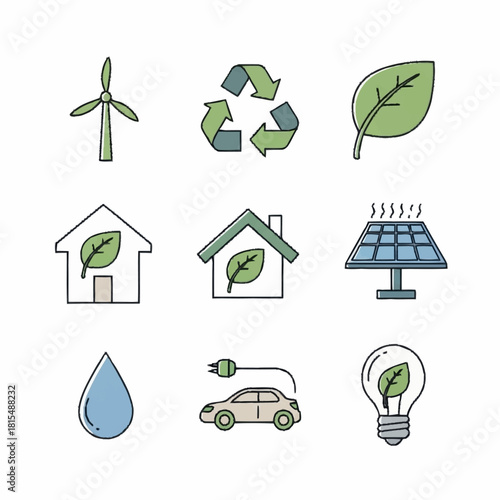 Eco friendly environment icons representing sustainability and green energy.