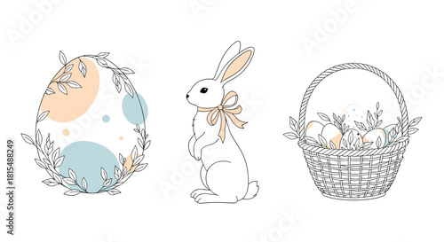 Easter illustration featuring a decorative egg, a rabbit with a bow, and a basket filled with eggs and foliage.