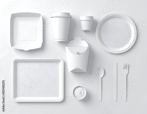 Assortment of pristine, white, disposable food containers and cutlery, top view