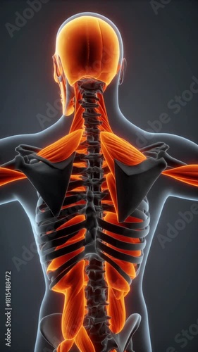 Detailed 3D animation of human skeleton and highlighted muscle anatomy rotating