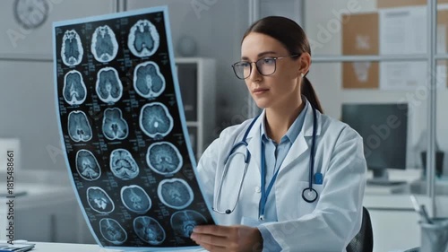 Female doctor in lab coat examines MRI brain scan in a medical office
