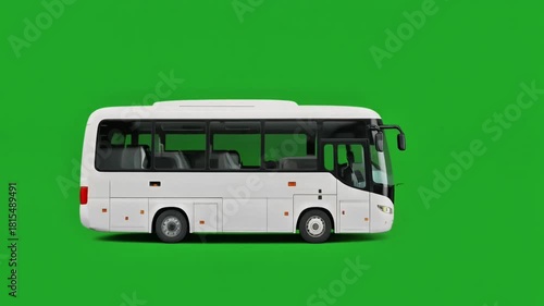 White passenger bus isolated on a green screen, ready for chroma key compositing