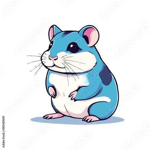 A blue cartoon hamster with white belly stands on its hind legs