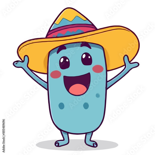 A blue cartoon figure with a cheerful face wears a yellow sombrero and raises its arms