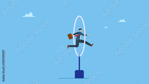 Skillful businessman winner jump through the hoop. Capability or employee competence, skill and performance to achieve success, challenge or motivation to overcome obstacle, winning.