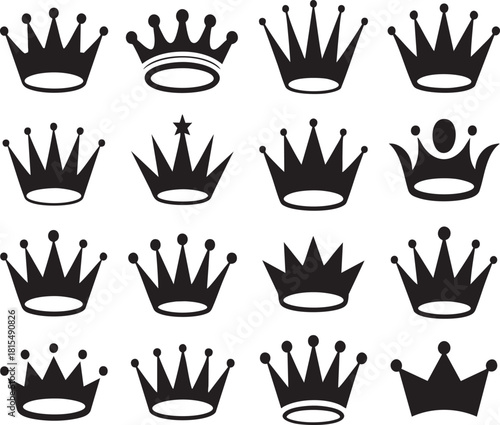 A grid of twenty black silhouette illustrations of various royal crowns and tiaras, each with unique designs and ornate details.