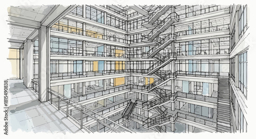 Architectural rendering of a modern multi-story building interior with a central atrium and open staircases.