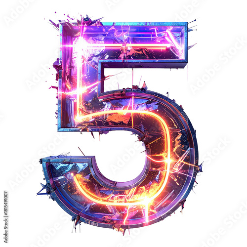 3d number 5 light beam glitch texture with broken streaks on white