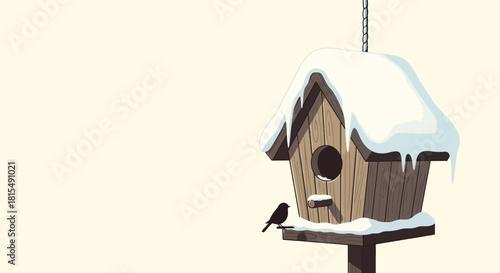 A small bird perches on a snow-covered birdhouse hanging from a chain in a winter scene.