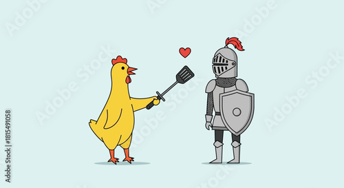 A whimsical cartoon illustration showing a yellow chicken offering a spatula to a knight in shining armor, with a heart floating between them.