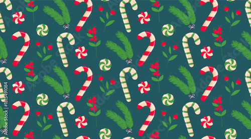Seamless pattern featuring red and white candy canes, pine/fir branches, and small red berries/flowers on a dark teal/green background