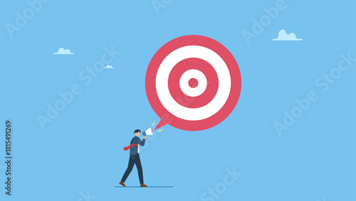 Businessman announce new goal or target with megaphone. Announce new year goal, resolution or business objective, target or purpose, motivation to success or challenge, business agenda.
