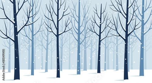 A serene winter forest scene with bare trees and falling snow, rendered in a cool blue and white color palette.