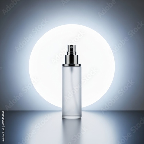 Frosted glass spray bottle with silver cap against glowing circle