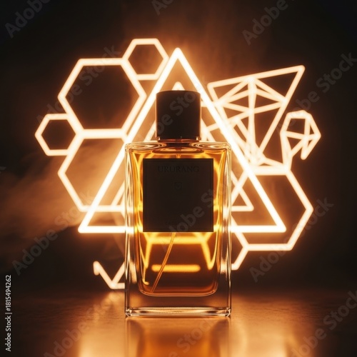 Elegant perfume bottle with glowing geometric neon light background