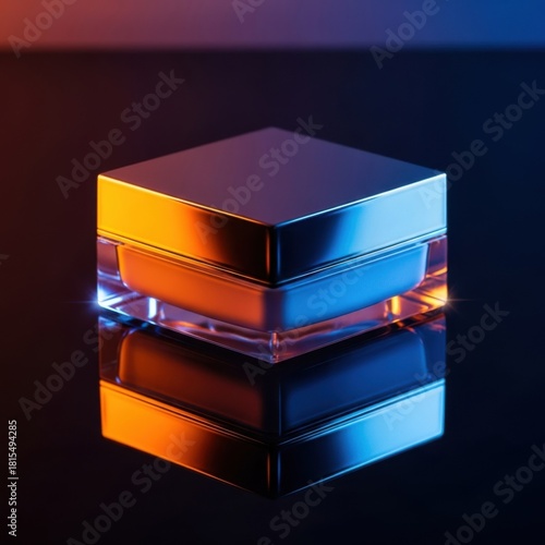 Luxury cosmetic jar with metallic lid reflecting on dark surface