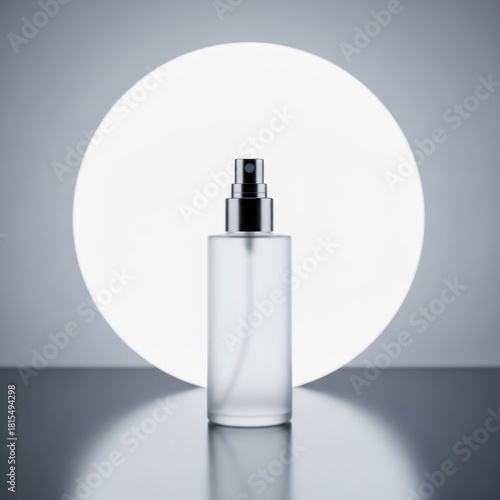 Clear spray bottle with silver cap in front of a circular light