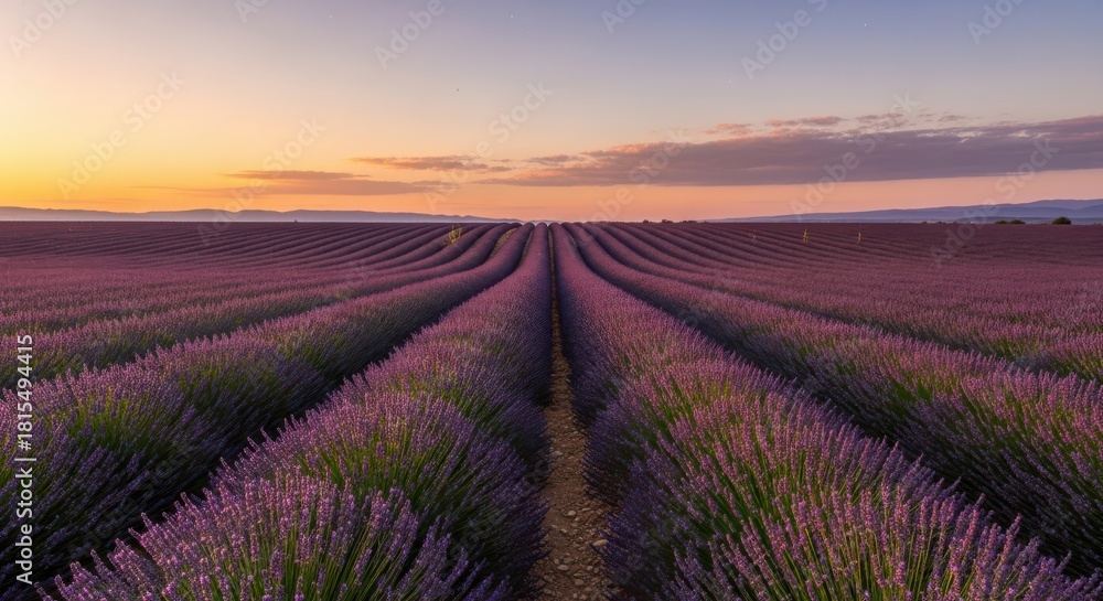 Fototapeta premium Expansive lavender field under a soft sunset sky captures nature's serenity and beauty