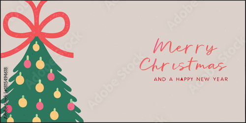 '' A decorated Christmas tree with a pink ribbon and a lit fireplace with festive text."