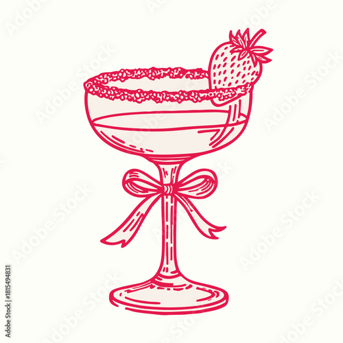 Coquette Strawberry Cocktail with Bow – Hand-Drawn Line Art for Bachelorette Party and Wedding Invitations – Vector Illustration