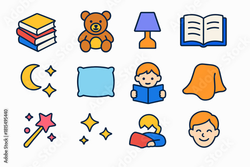 Storytime Icon Collection. Children’s Storytime flat icons set. stack of books, teddy bear, bedtime lamp, open book, stars, moon, pillow, child reading, blanket, fairy wand, magic