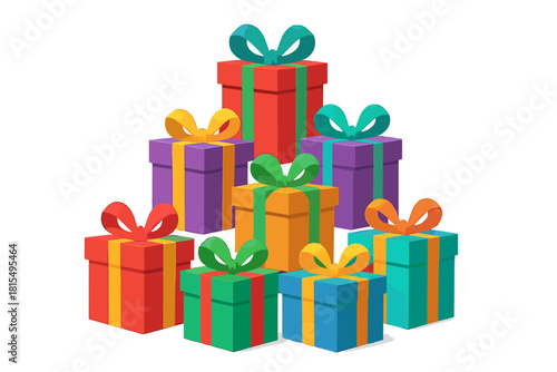 Festive Gift Pyramid. Collection of brightly colored gift boxes stacked in a pyramid formation, each adorned with ribbons and bows. The varied colors create a lively and festive